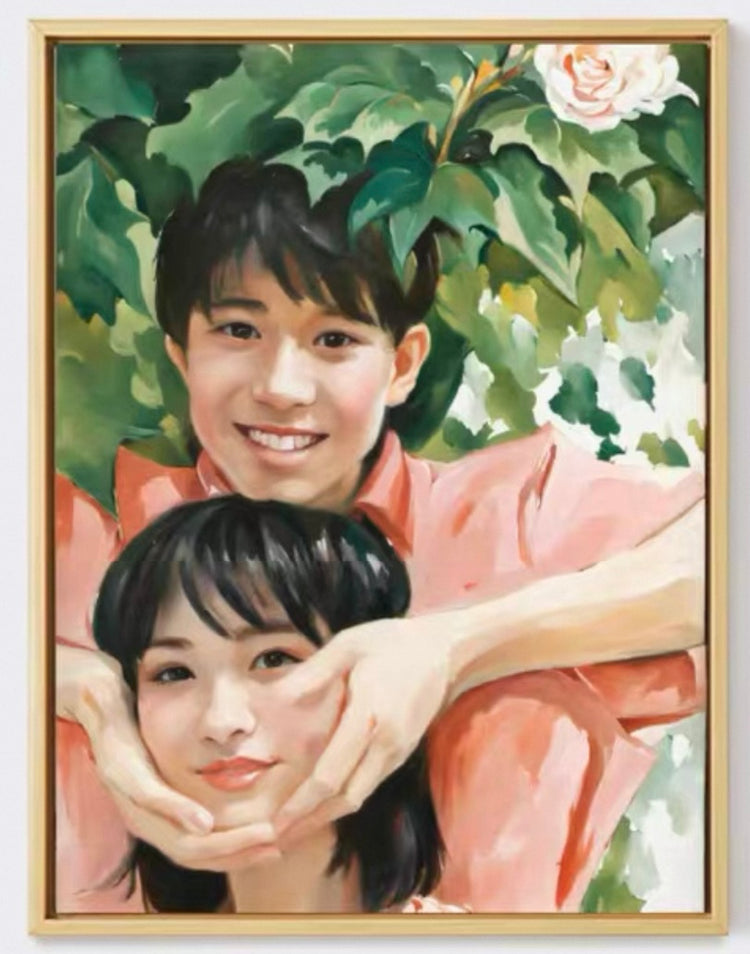 Oil Painting of two smiling people surrounded by green leaves and a white flower.