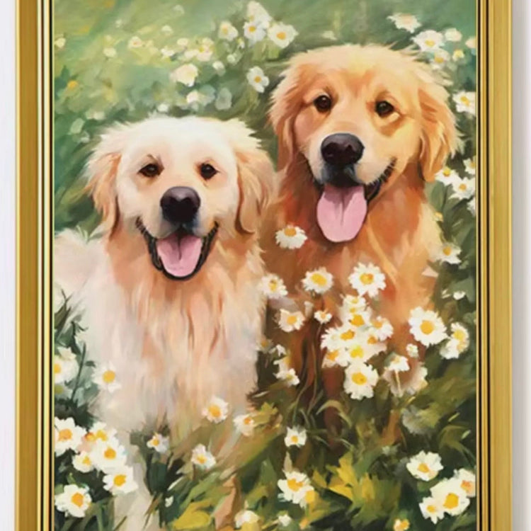 Two dogs in a field of flowers with a gold frame.
