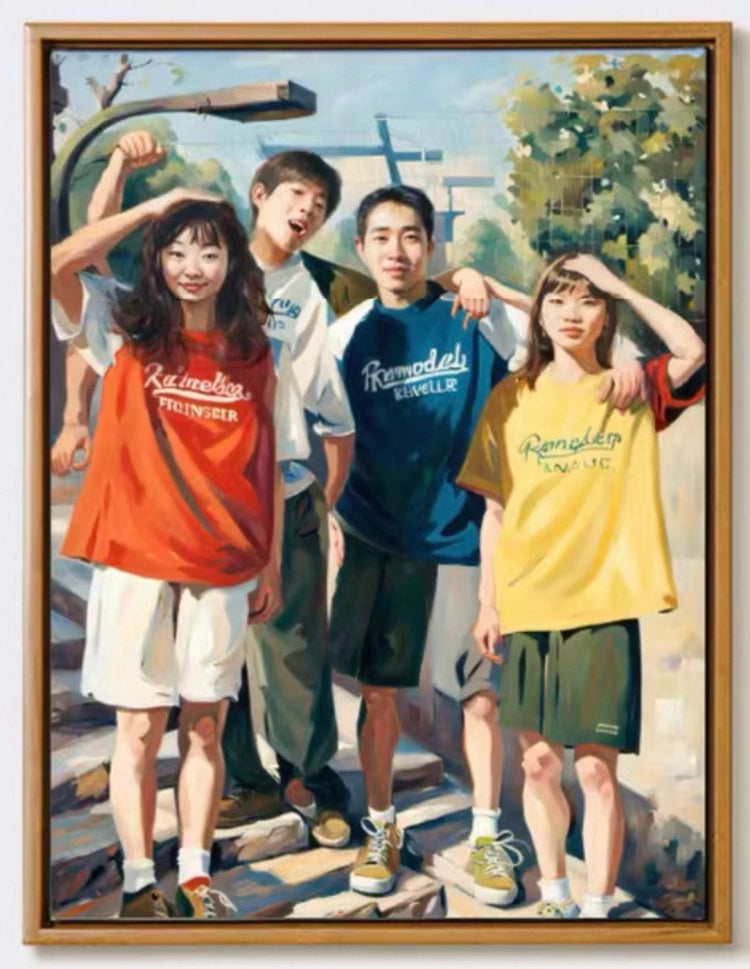 Painting of four children in colorful clothing outdoors.