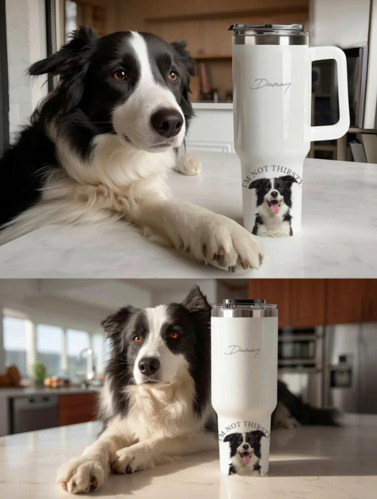 Dog with a travel mug featuring its own image
