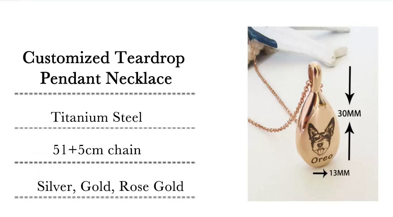 Customized teardrop pendant necklace with specifications