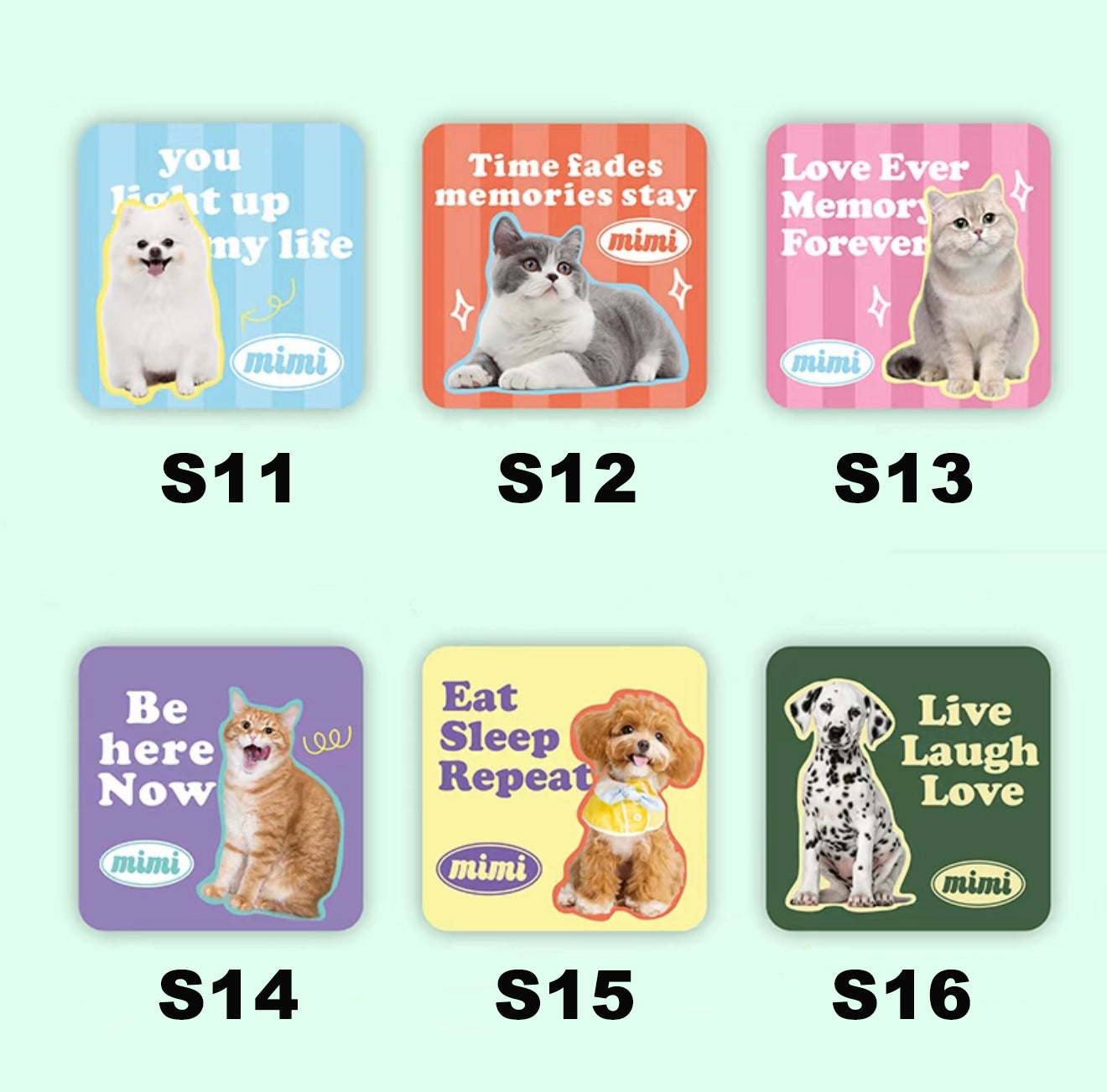 Set of six pet-themed cards with different animals and quotes on a light blue background.