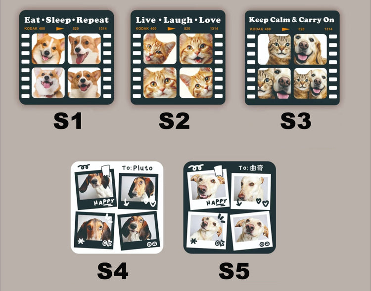 Five sets of animal-themed cards with images of dogs and cats on a gray background.