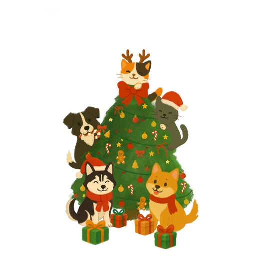 Illustration of cats and dogs around a Christmas tree with presents.