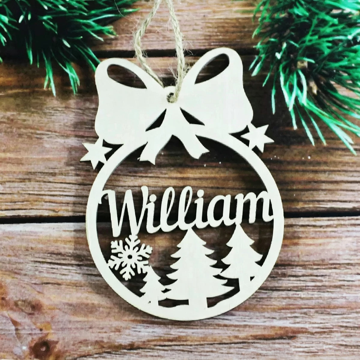 Personalized Wooden Christmas Ornament – Custom Name Snowflake Reindeer Bauble