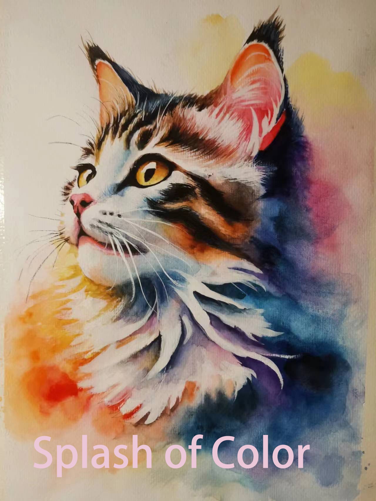 Colorful watercolor painting of a cat with 'Splash of Color'