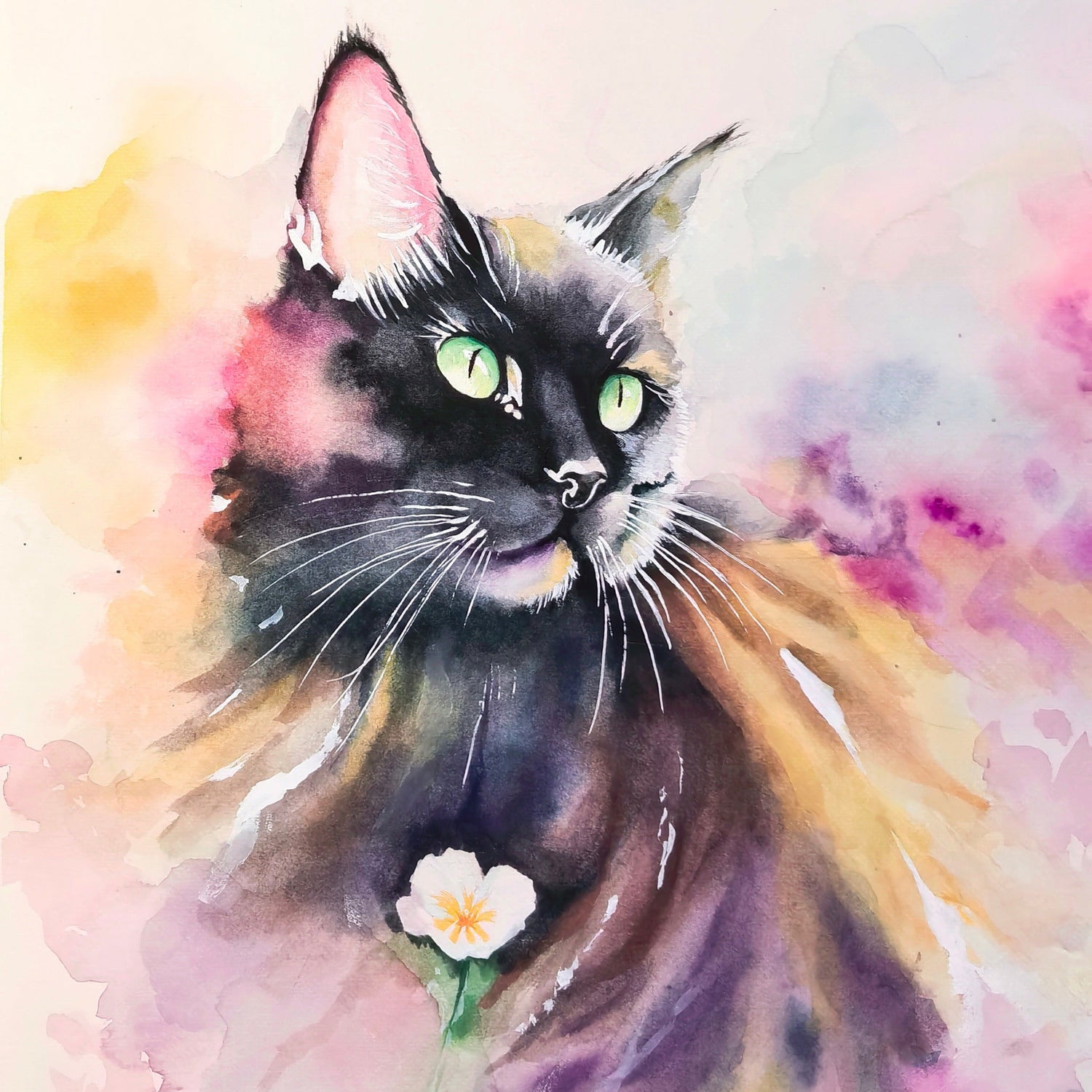 Watercolor painting of a black cat with a flower on a colorful background