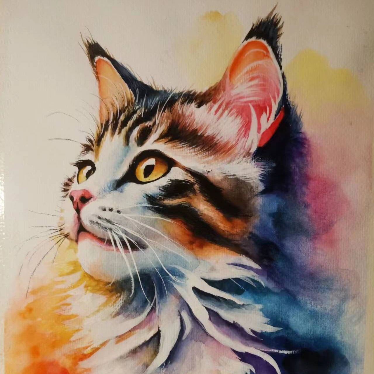 Colorful watercolor painting of a cat