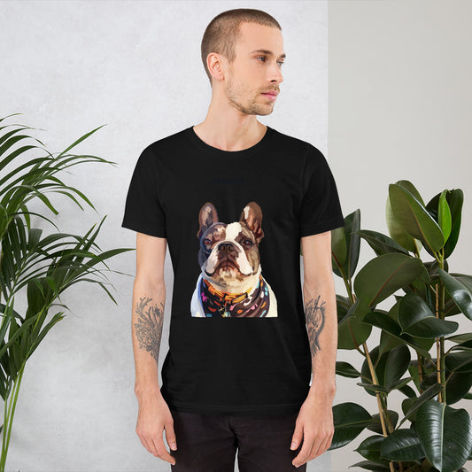 A person wearing a black custom unisex T-shirt with a printed photo of a dog on the front.