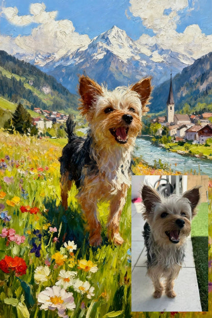 Collage of a dog in a field with mountains and a town in the background