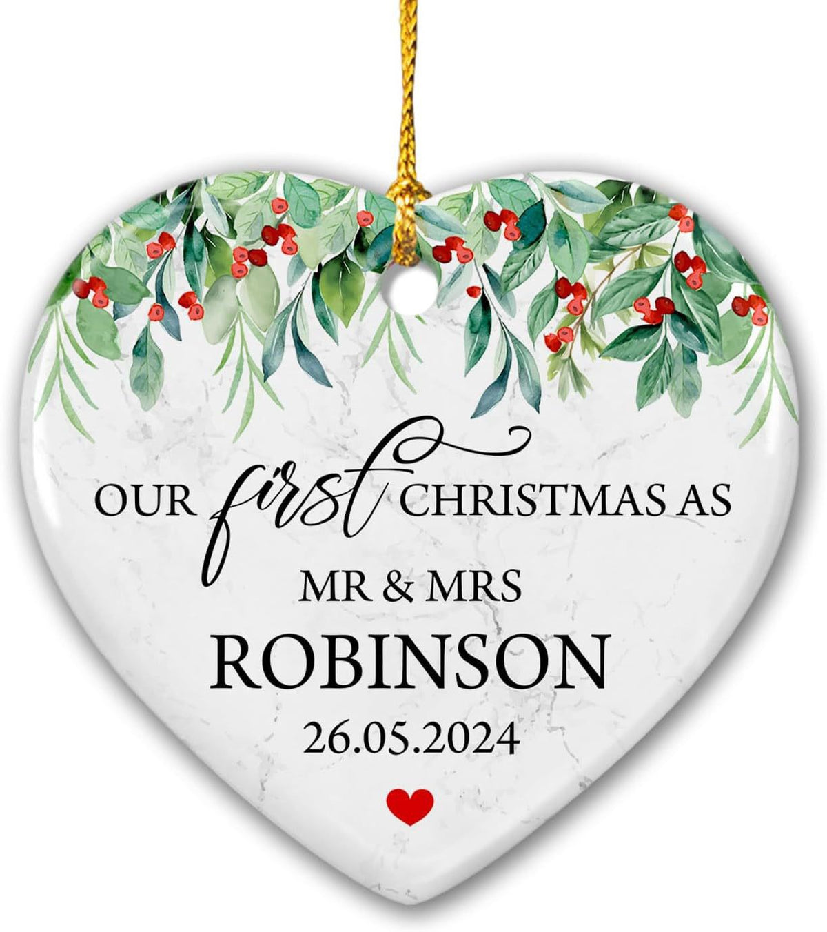 Custom ceramic heart ornament celebrating baby’s first Christmas
