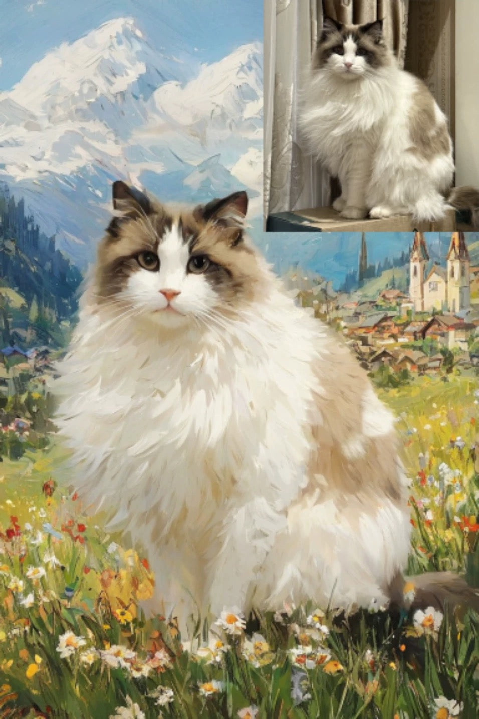 Cat in a field with mountains and village in the background