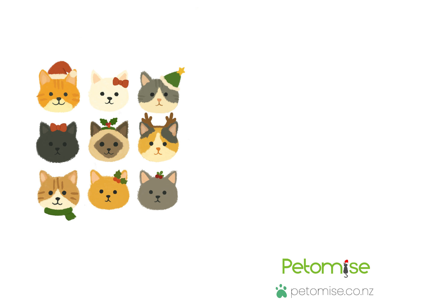 Set of cartoon cat faces with various accessories on a white background, featuring the brand 'Petomise'.
