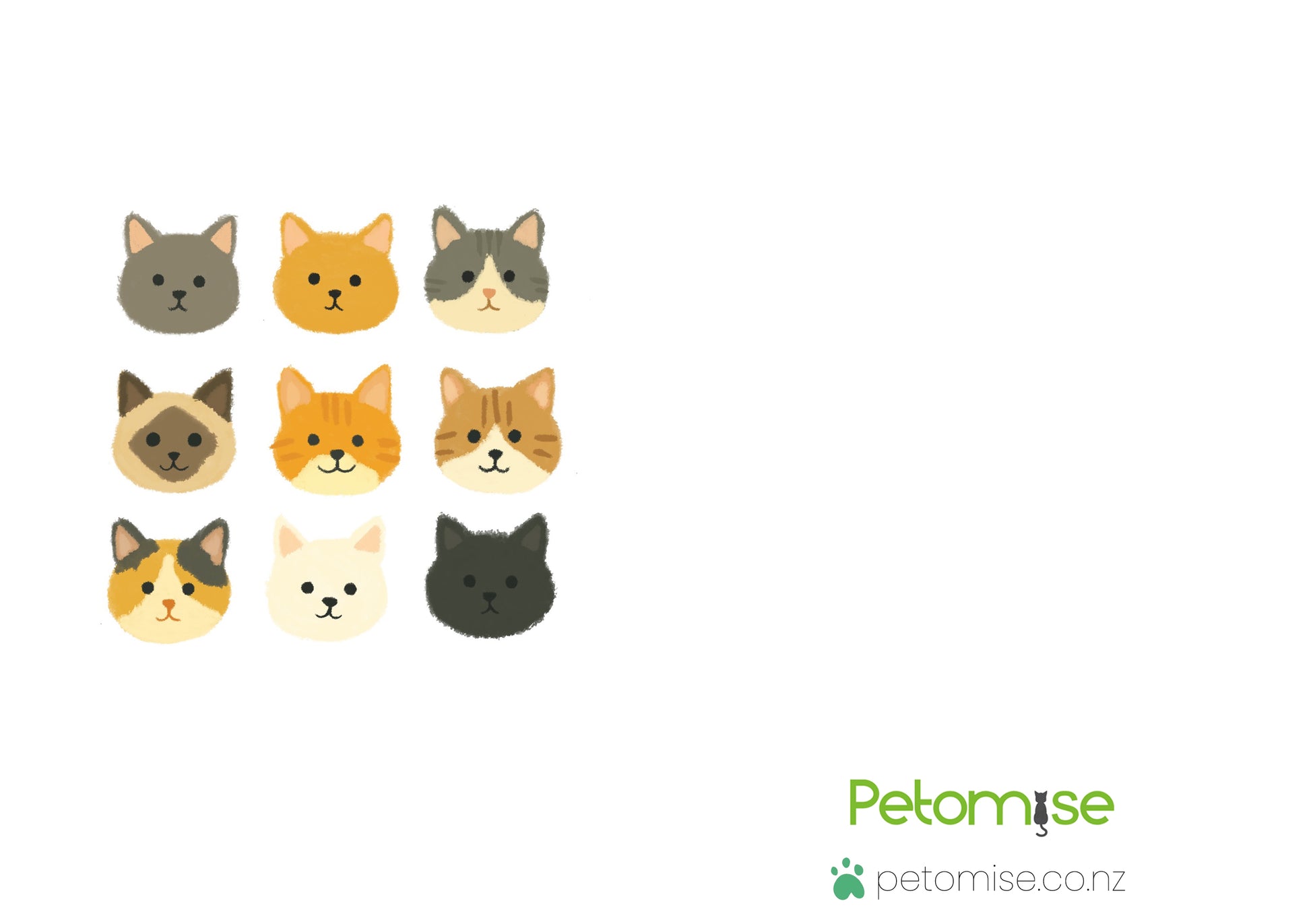 Nine cartoon cat faces arranged in a 3x3 grid on a white background with 'Petomise' branding.