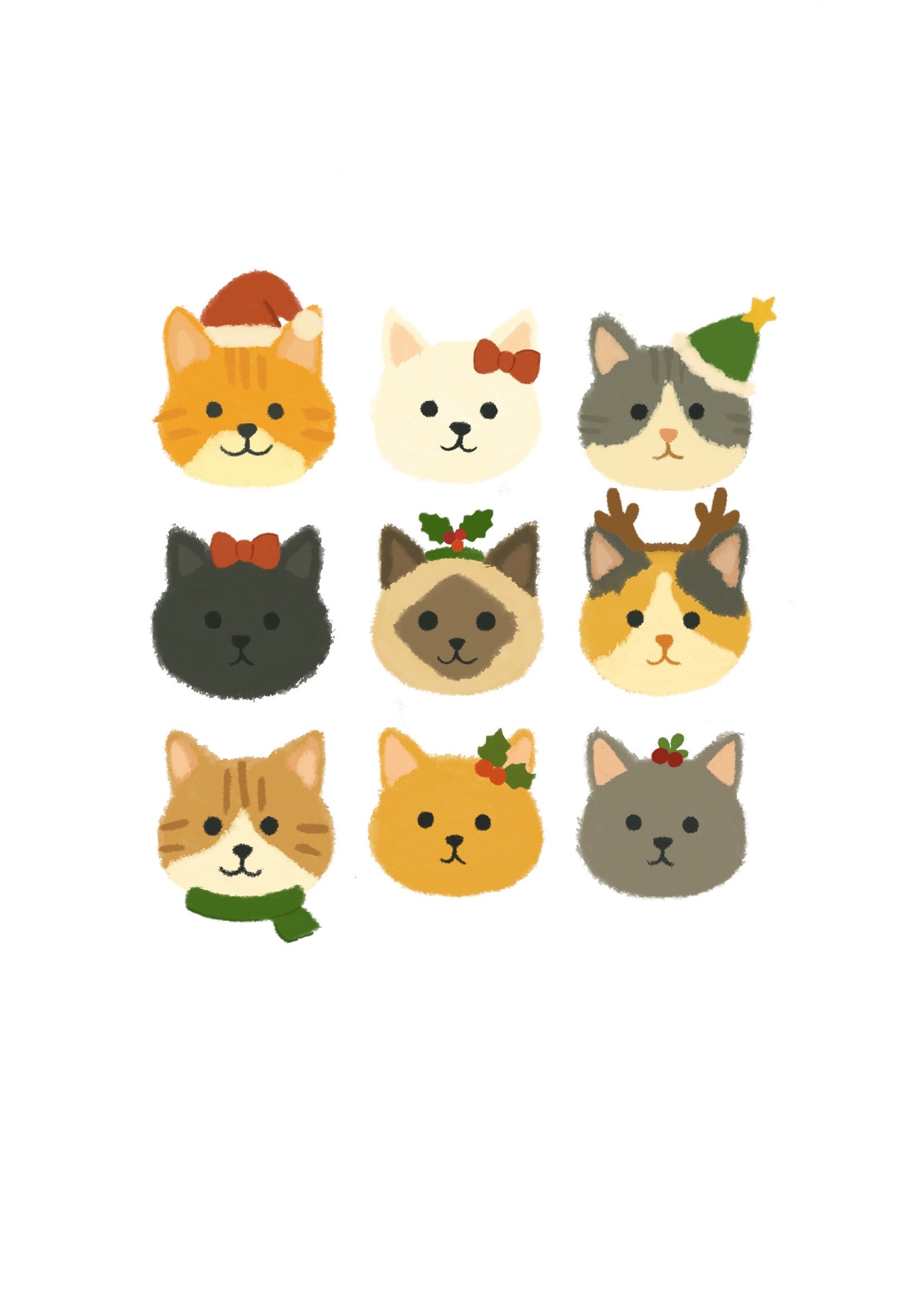 Illustrations of cats wearing festive accessories on a white background