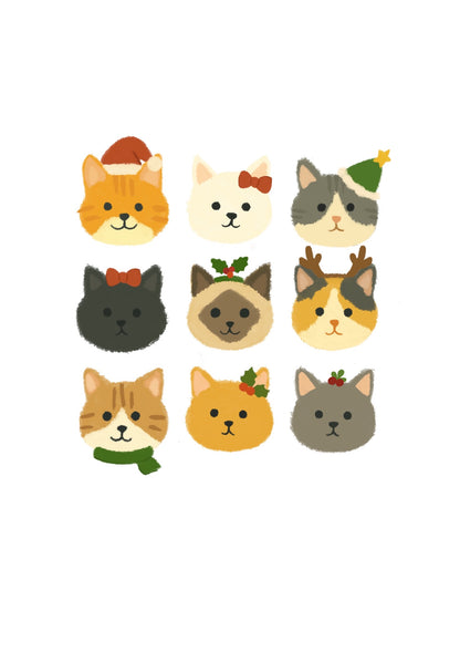 Illustrations of cats wearing festive accessories on a white background