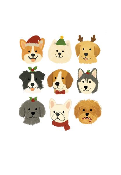 Illustrations of dogs with various accessories on a white background