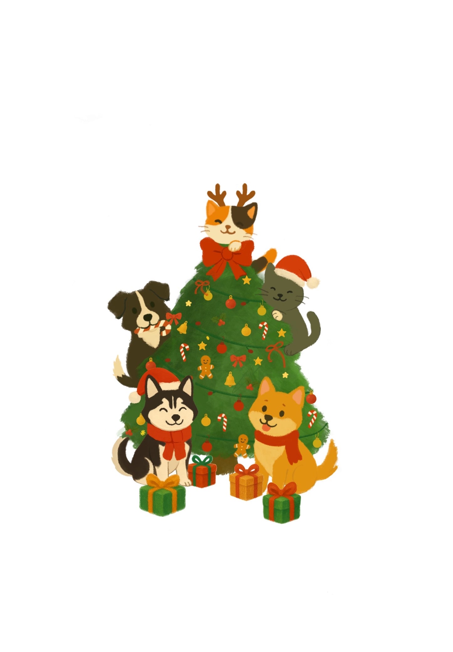 Illustration of cats and dogs around a Christmas tree with presents.