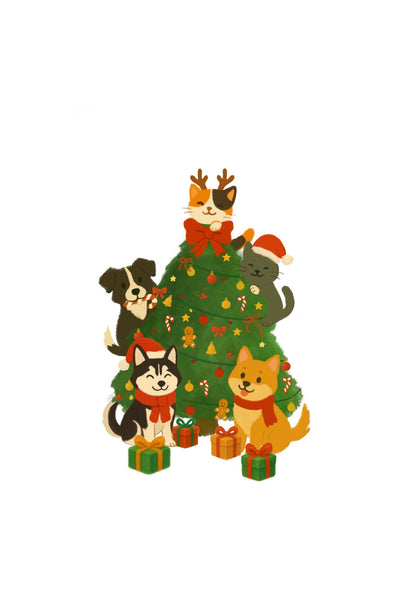 Illustration of cats and dogs around a Christmas tree with presents.