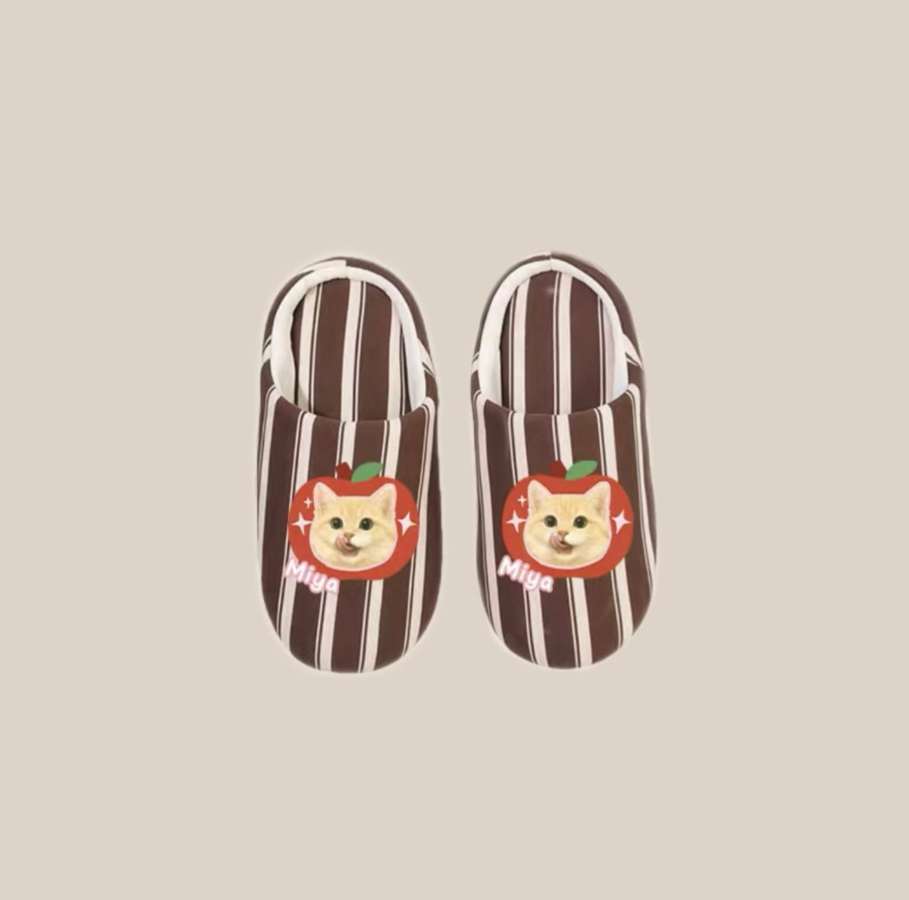 Brown striped slippers with a dog 