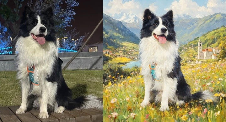 dog in a mountainous landscape and another on a wooden platform.