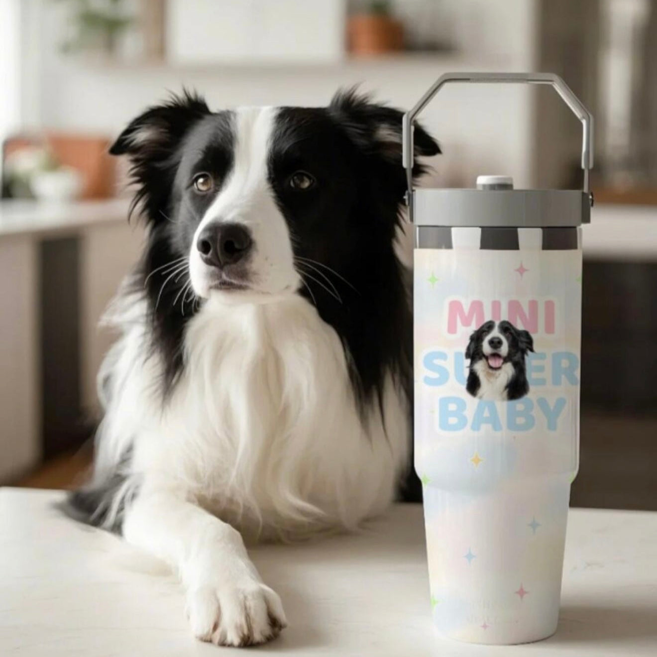 Custom Pet Face Print on Stainless Steel travel mug with handle 900ml