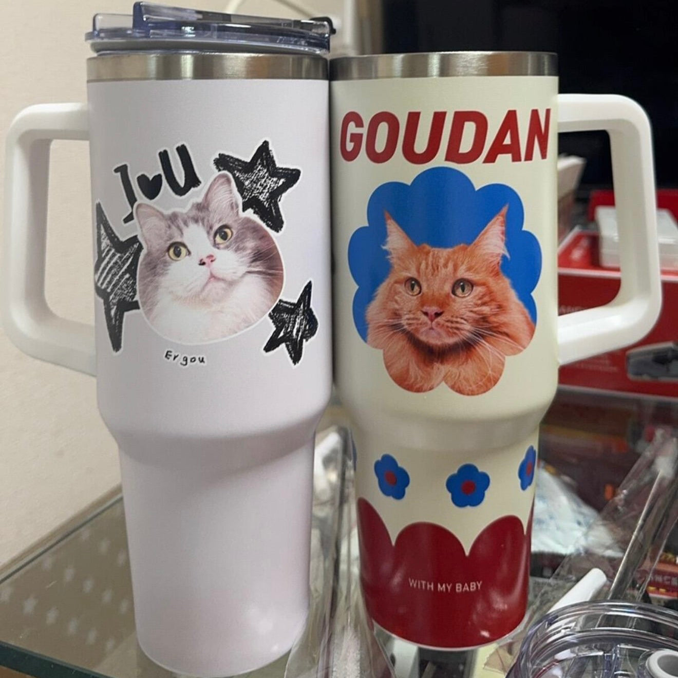Custom Pet Face Print on Stainless Steel Vacuum Cup with handle different style