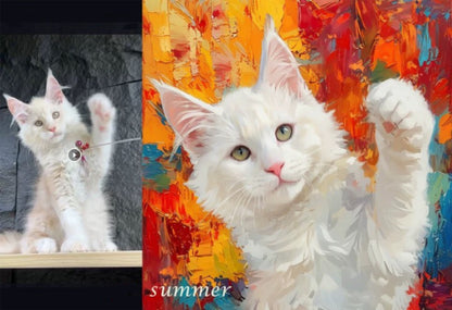 White cat with green eyes on a colorful abstract background, labeled 'summer'.
