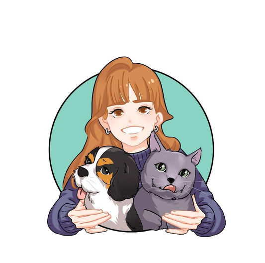 A digital cartoon portrait of a smiling person holding two pets, a dog and a cat, which are not visible in the image.