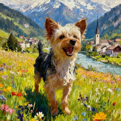 Dog in a field with mountains and village in the background