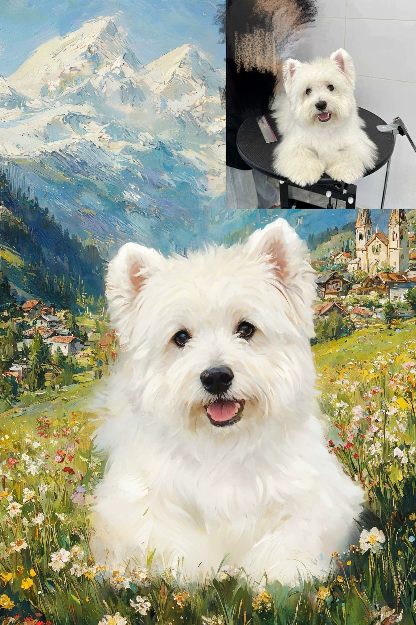 Collage of a white dog in various settings including a mountain landscape and a village.