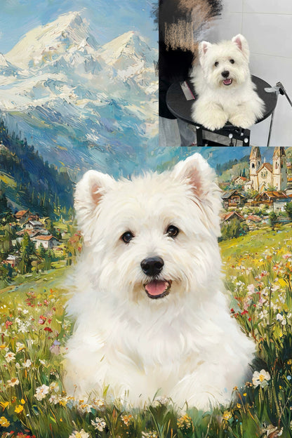 Collage of a white dog in various settings including a mountain landscape and a village.