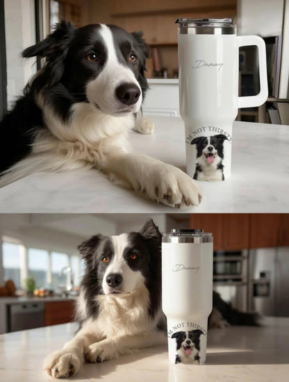 Dog with a travel mug featuring its own image 