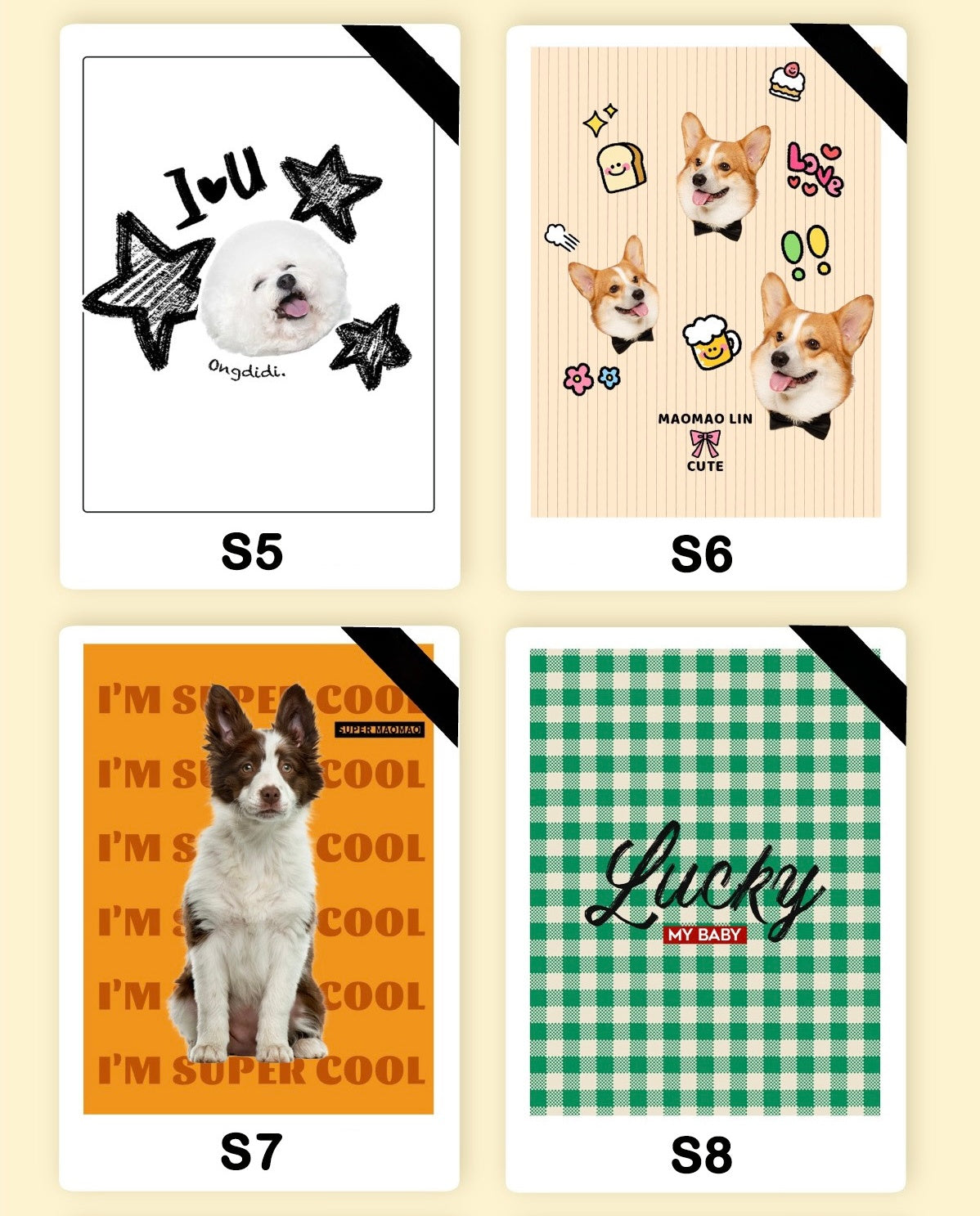 Four cards featuring images of cats and dogs with text on cup
