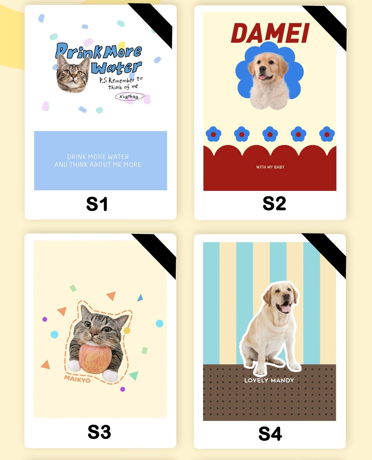 Four cards featuring images of cats and dogs with text