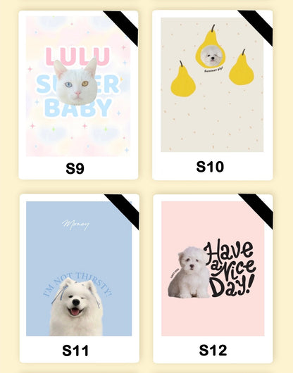 Four different designs featuring text and images of a dog on cup