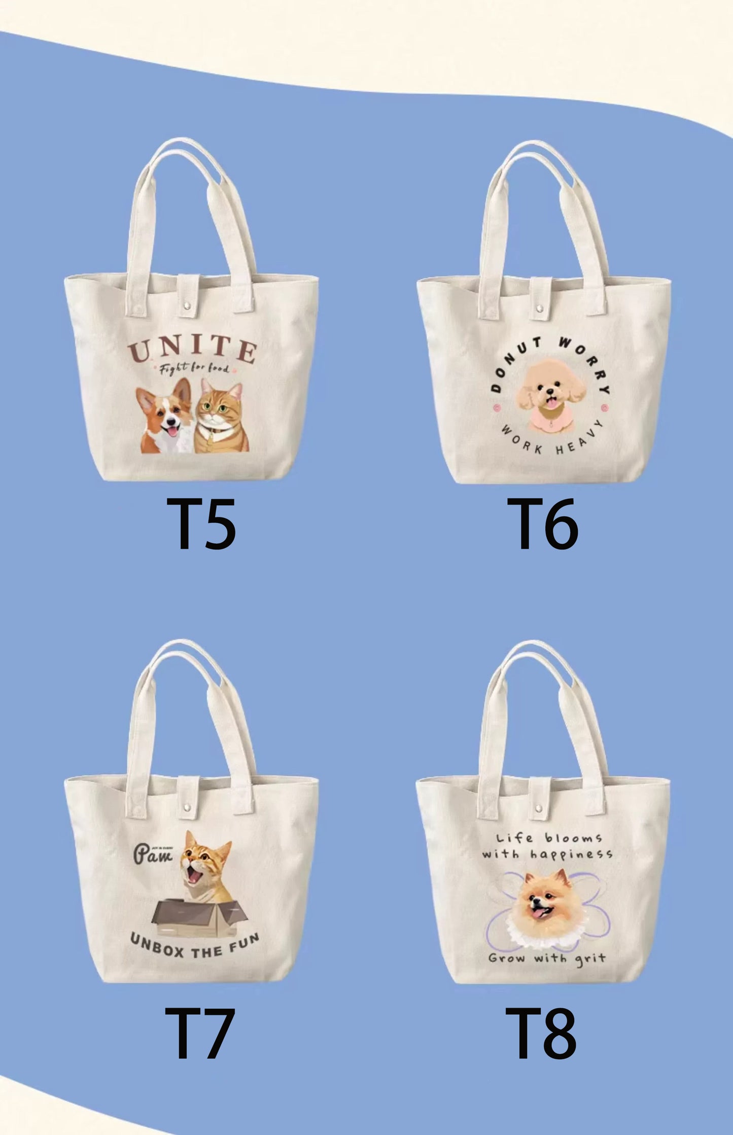 Four tote bags with dog-themed designs on a blue background.