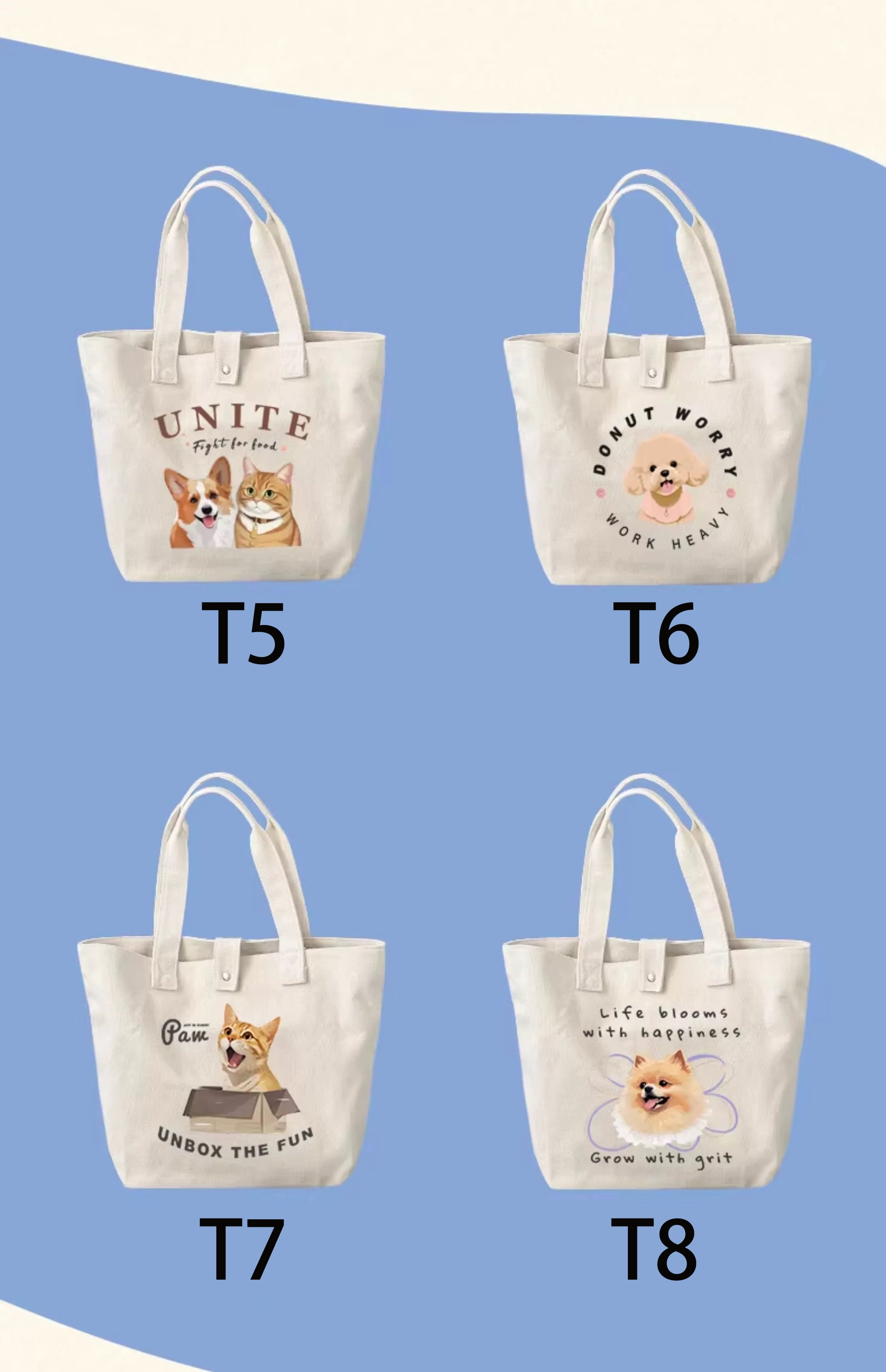 Four tote bags with dog-themed designs on a blue background.