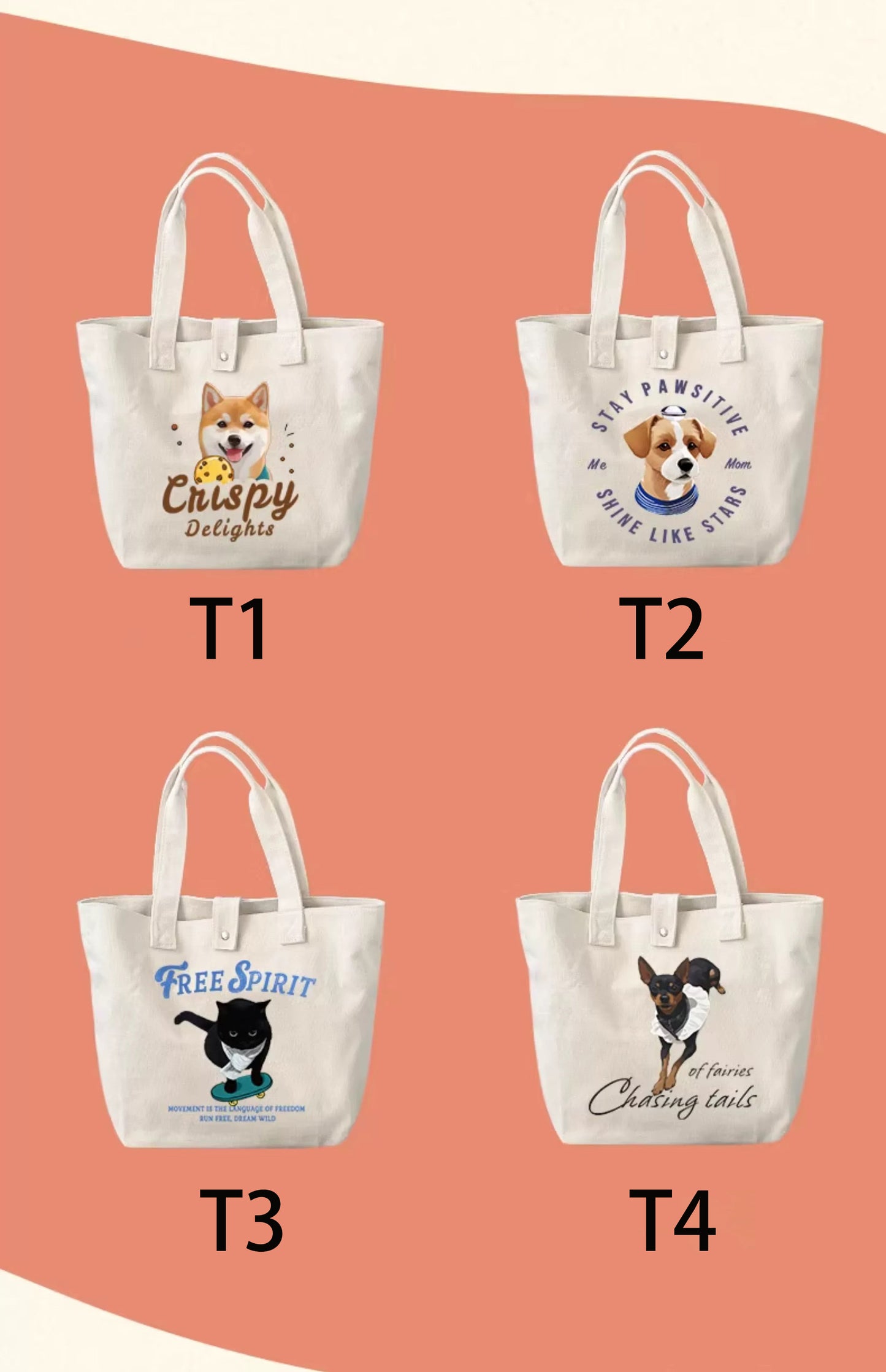 Four tote bags themed designs 