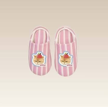 Pair of pink striped slippers with a cat 