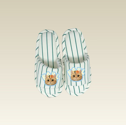 Pair of striped slippers with cartoon cat faces 