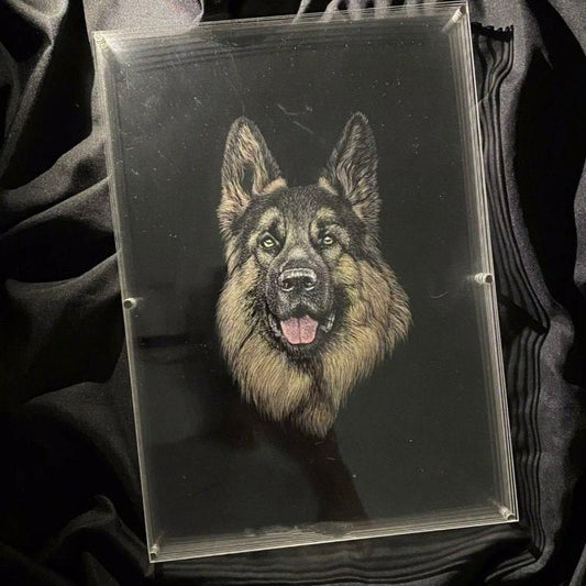 An acrylic portrait of a German Shepherd dog