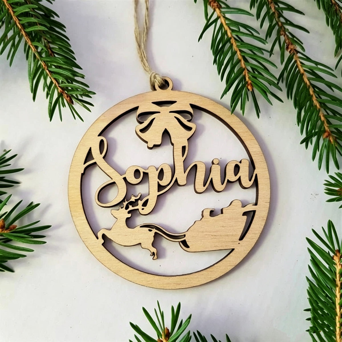 Personalized Wooden Christmas Ornament – Custom Name Snowflake Reindeer Bauble