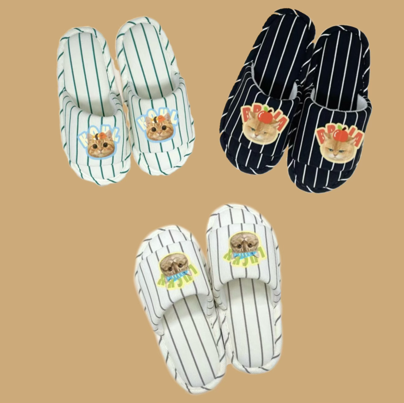 Three pairs of slippers with cartoon cats designs on a beige background