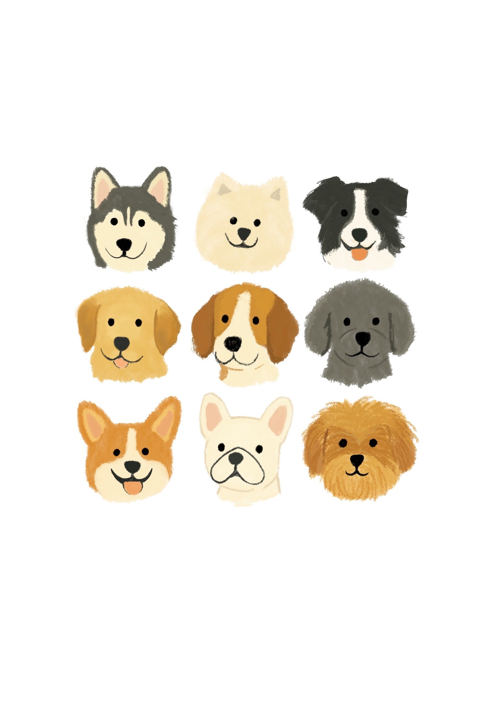Illustrations of various dog breeds on a white background