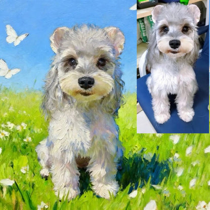 Turn Real-life dog in to a painting of a dog in a field with butterflies