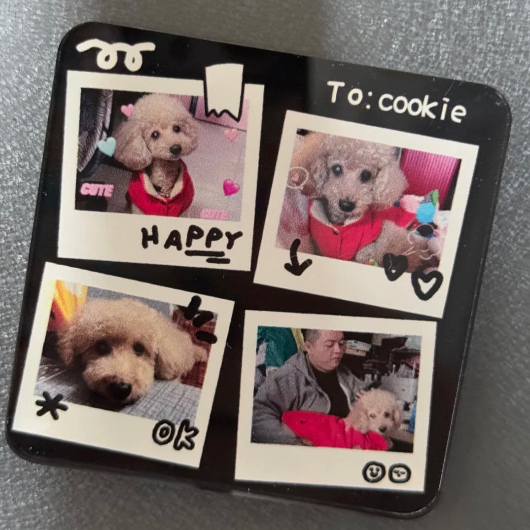 Card with four photo frames showing a dog and text on a gray background