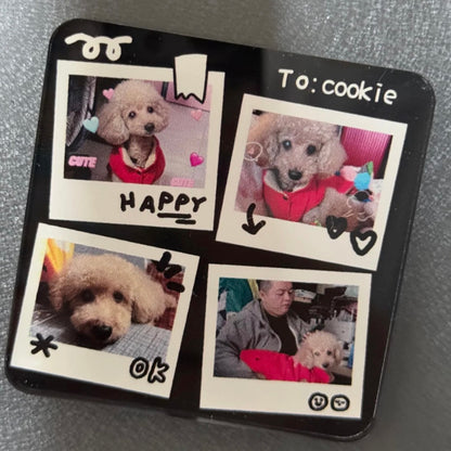 Card with four photo frames showing a dog and text on a gray background
