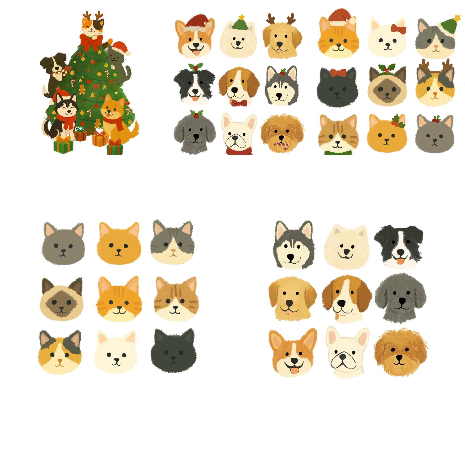 Illustrations of various dog and cat faces with festive hats on a white background