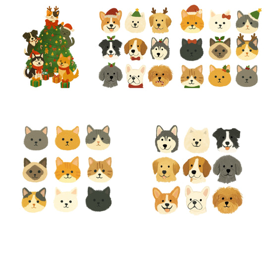 Illustrations of various dog and cat faces with festive hats on a white background